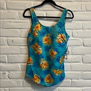White Stag Blue and Yellow Floral one piece bathing suit.